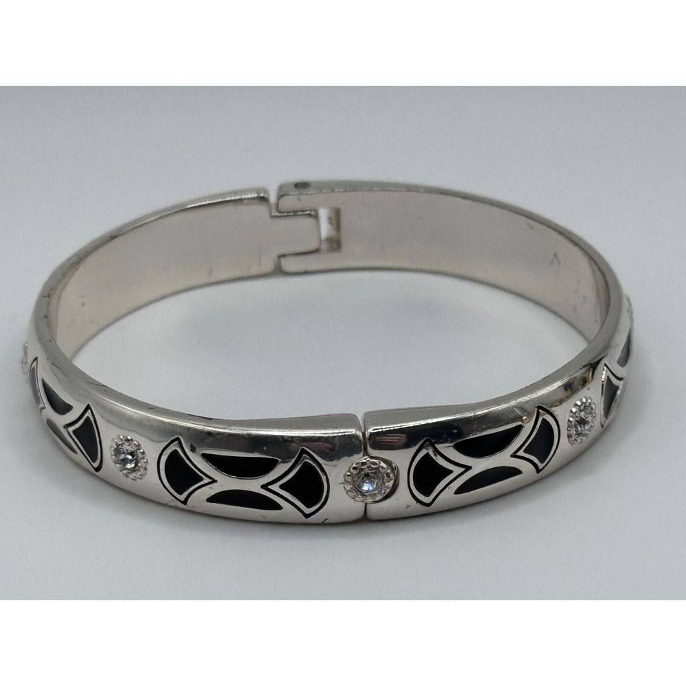 Brighton Capella Bangle Bracelet Silver Black Enamel Crystal Hinged Jewelry